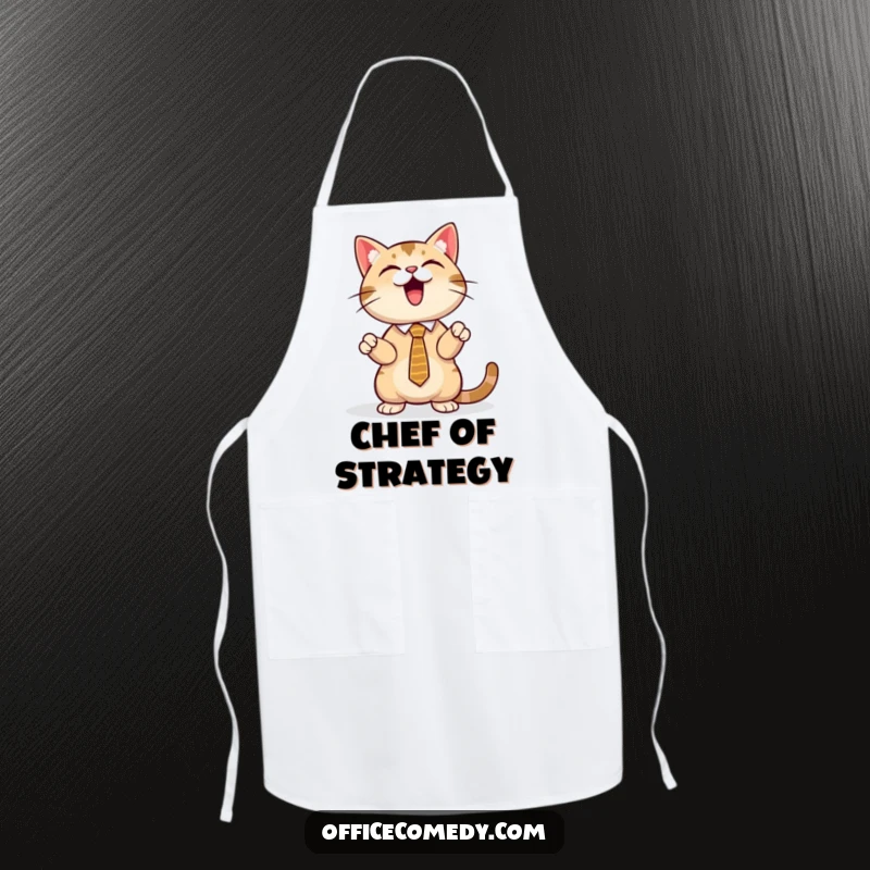 Funny cat wearing a tie, presenting a glowing screen, a humorous apron for the kitchen connoisseur.