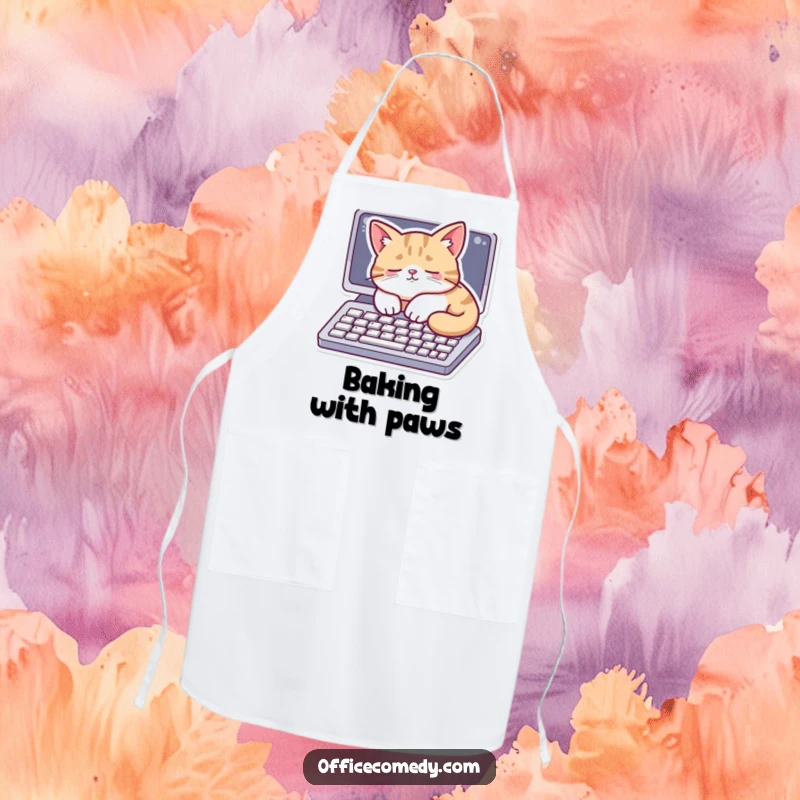 Funny apron with a cat napping on a computer keyboard, adding whimsical humor to cooking and baking.