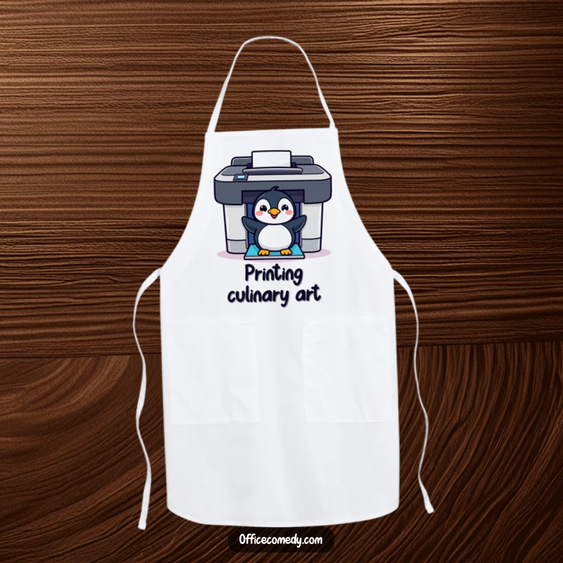 Funny cheerful penguin peeking out of a colorful printer, a humorous apron for kitchen fun.
