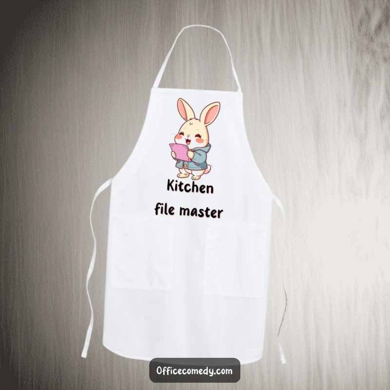 Funny rabbit wearing a small jacket, gleefully stacking documents, a humorous apron for kitchen organization.