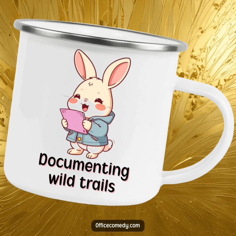 Funny rabbit wearing a small jacket, gleefully stacking documents, a durable and humorous camping mug for outdoor enthusiasts.