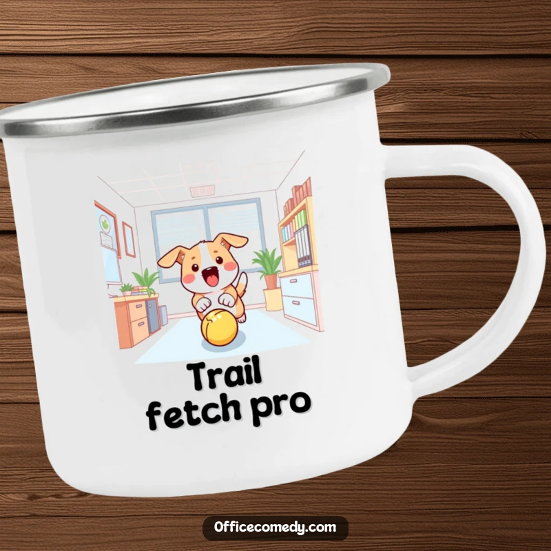 Funny camping mug featuring a dog chasing a ball in an office, bringing office energy to outdoor adventures.