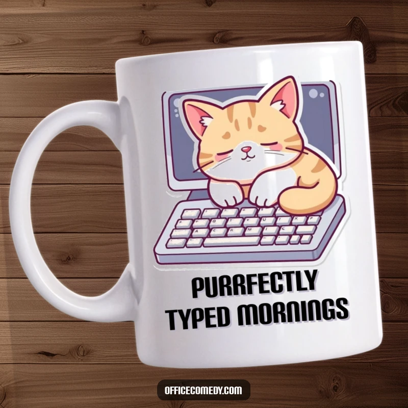 Funny mug: A cat sleeping soundly on a computer keyboard, representing cozy work-from-home life.
