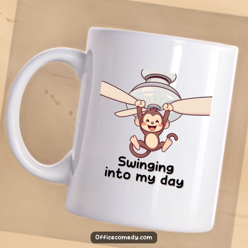 Funny mug: A playful monkey swinging wildly from a ceiling fan blade, full of chaotic energy.