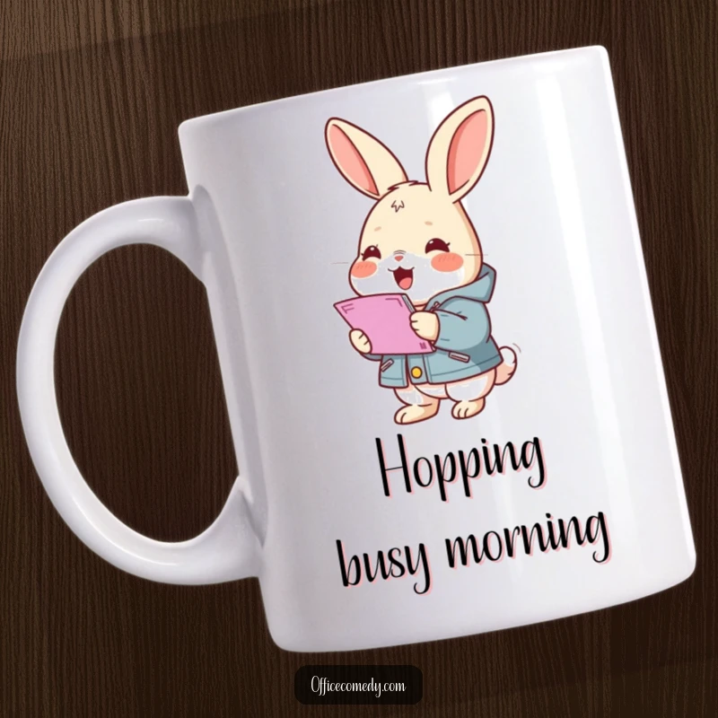 Funny rabbit wearing a small jacket, gleefully stacking documents, a humorous and professional mug for office enthusiasts.