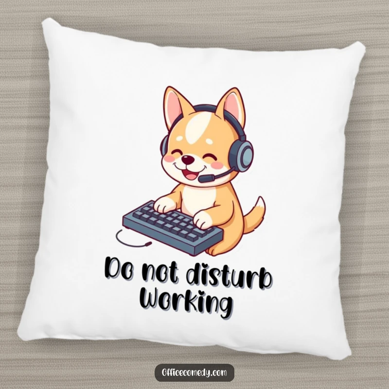 Funny dog in a headset, typing on a tiny keyboard, a soft and humorous pillow for comfort and laughs.