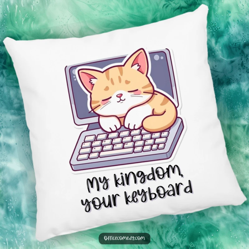 Funny pillow featuring a cat peacefully napping on a computer keyboard, perfect for adding cozy humor.