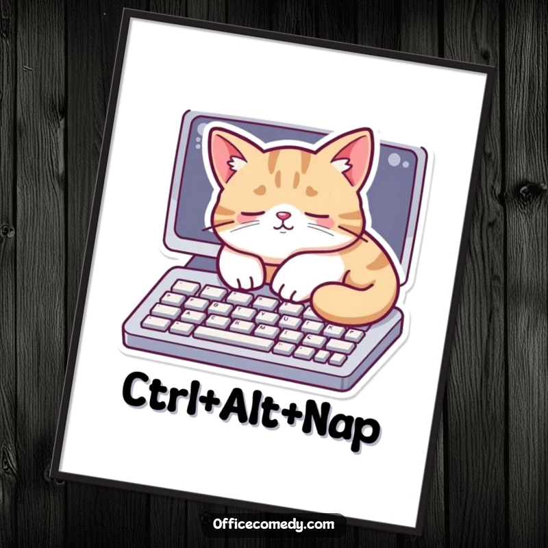 Funny digital art print of a cat peacefully napping on a computer keyboard, perfect for instant cozy decor.