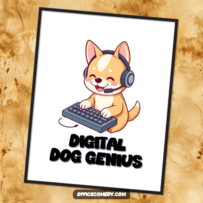 Funny dog wearing a headset, typing on a miniature keyboard, a high-resolution digital art print for humorous wall decor.