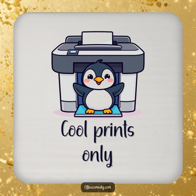 Funny cheerful penguin peeking out of a colorful printer, a humorous drink coaster for surface protection.