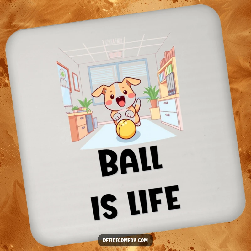 Funny drink coasters depicting a dog chasing a ball in an office, protecting surfaces with a smile.