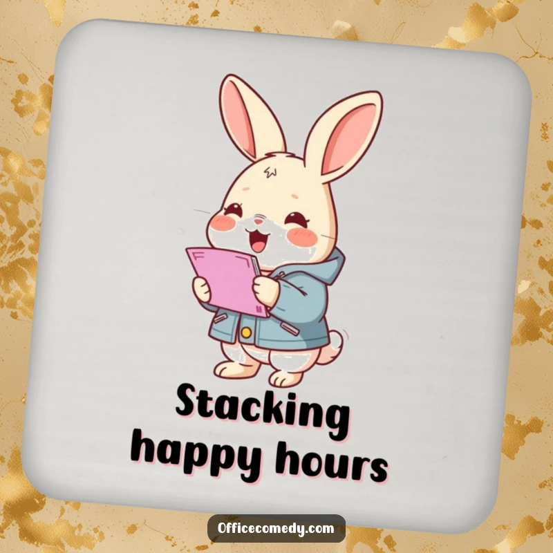Funny rabbit wearing a small jacket, gleefully stacking documents, a humorous drink coaster for surface protection.