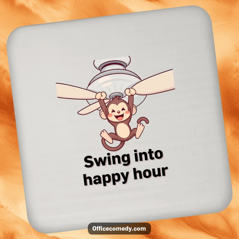 Funny drink coasters depicting a monkey swinging from a ceiling fan blade, protecting surfaces with a playful spirit.