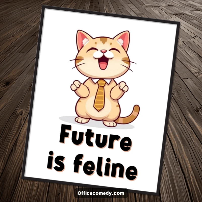 Funny cat wearing a sharp tie, presenting a glowing screen, a hilarious poster for office or home decor.