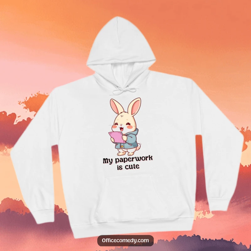 Funny rabbit wearing a small jacket, gleefully stacking documents, a warm and humorous hoodie for cozy days.