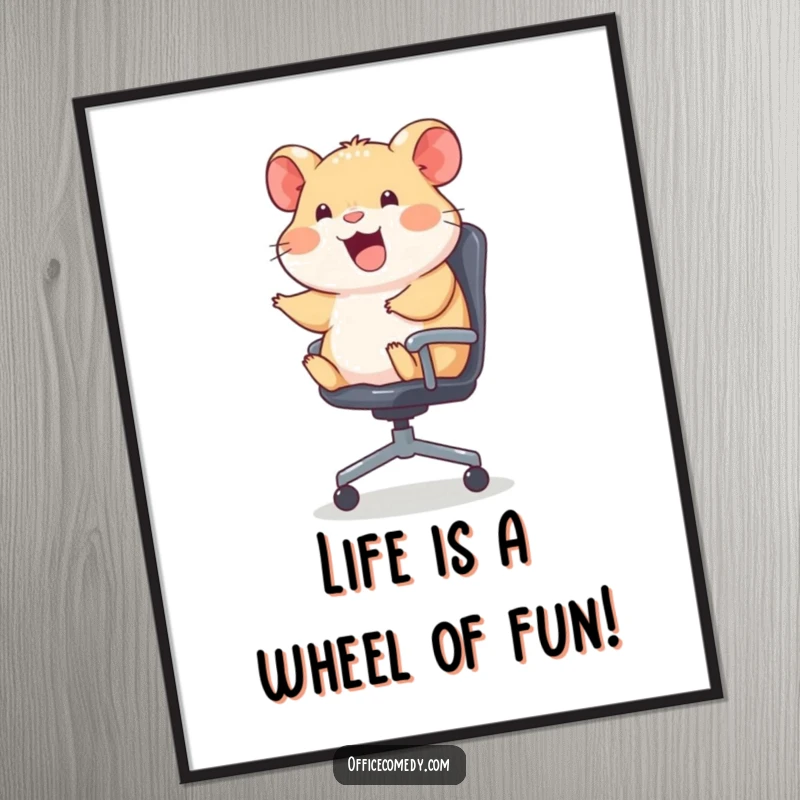 Funny Free Printable Wall Art: Hamster enthusiastically riding an office chair, office humor, quirky decor.
