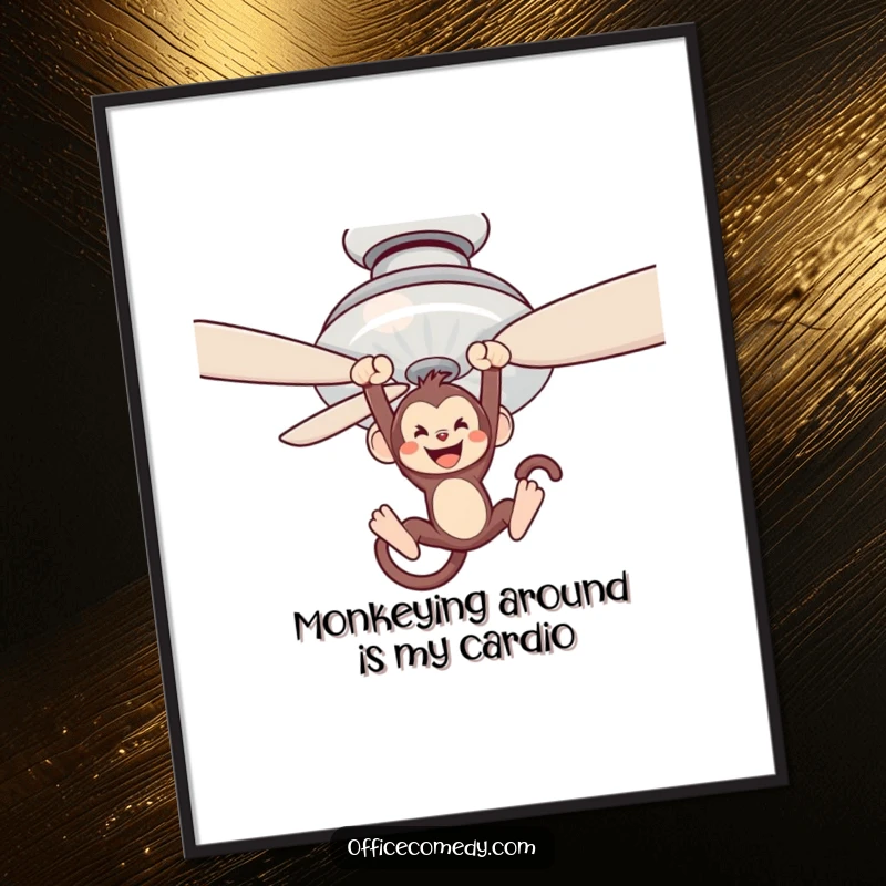 Funny free printable wall art of a playful monkey swinging from a ceiling fan blade, full of mischief.