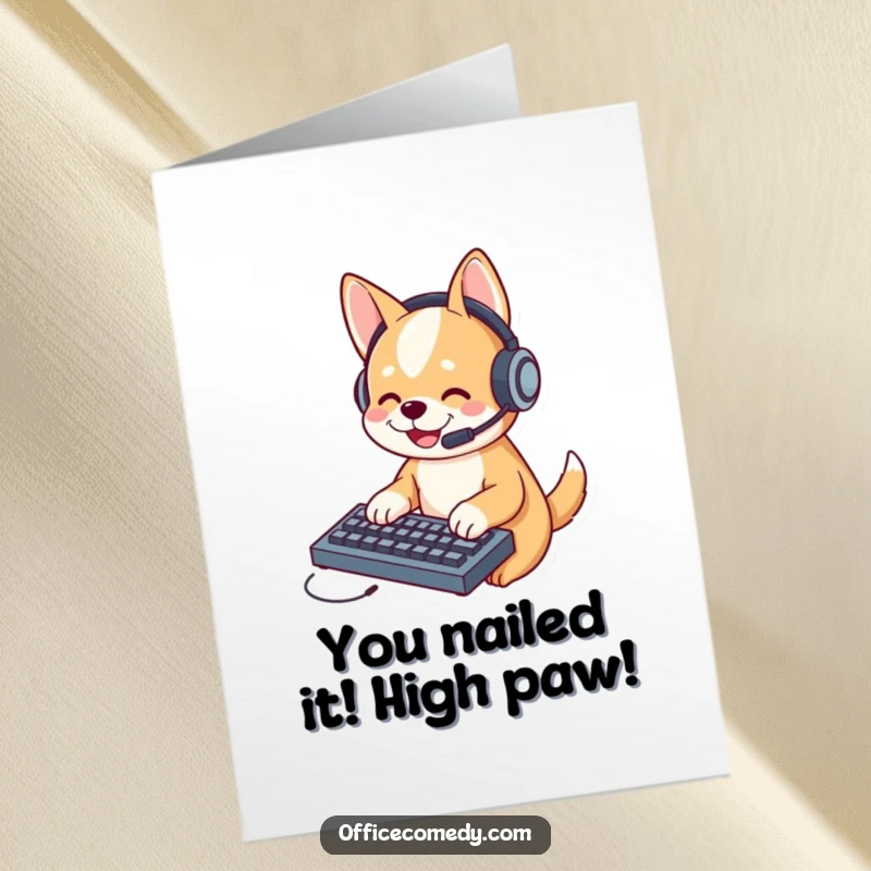 Funny Free Printable Congrats Card: Excited dog wearing headset, typing on small keyboard, celebrating a big win.