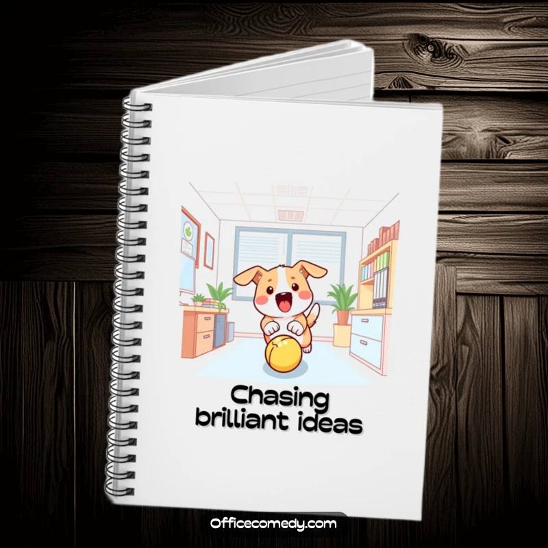 Funny notebook with a dog excitedly chasing a ball in an office, perfect for notes and brainstorming.