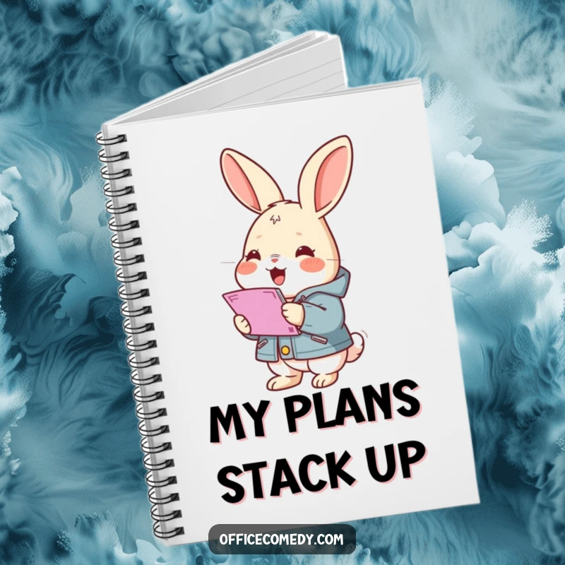 Funny rabbit wearing a small jacket, gleefully stacking documents, a humorous notebook for jotting down organized ideas.