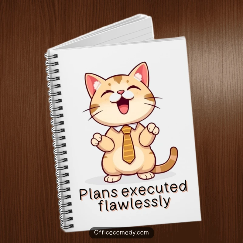 Funny cat in a tie, presenting a glowing screen, a humorous notebook for business plans and notes.