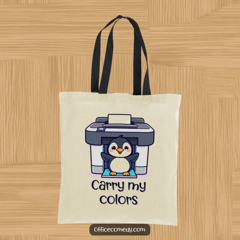 Funny cheerful penguin peeking out of a colorful printer, a charming and humorous tote bag for everyday use.