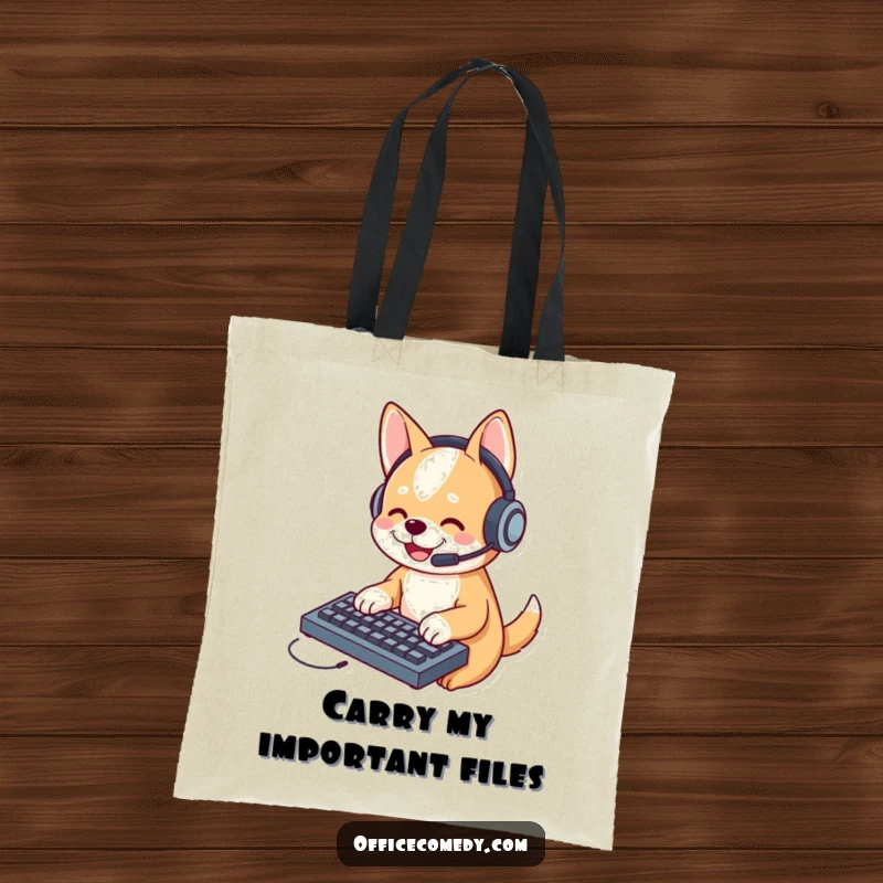 Funny dog in a headset, typing on a tiny keyboard, a charming and humorous tote bag for pet enthusiasts.