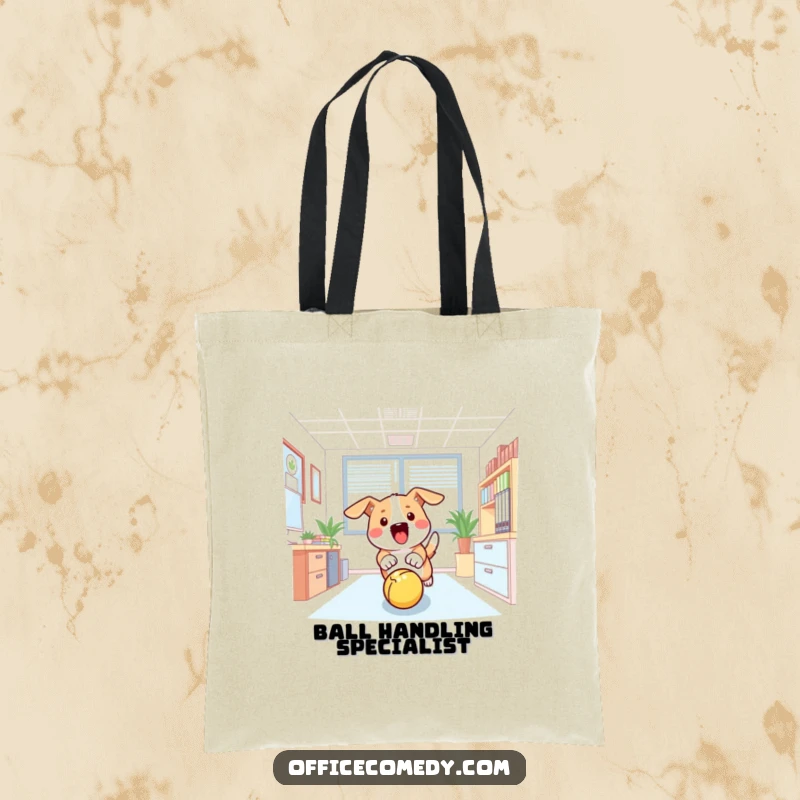 Funny tote bag showcasing a dog excitedly pursuing a bouncing ball within an office environment, full of action.